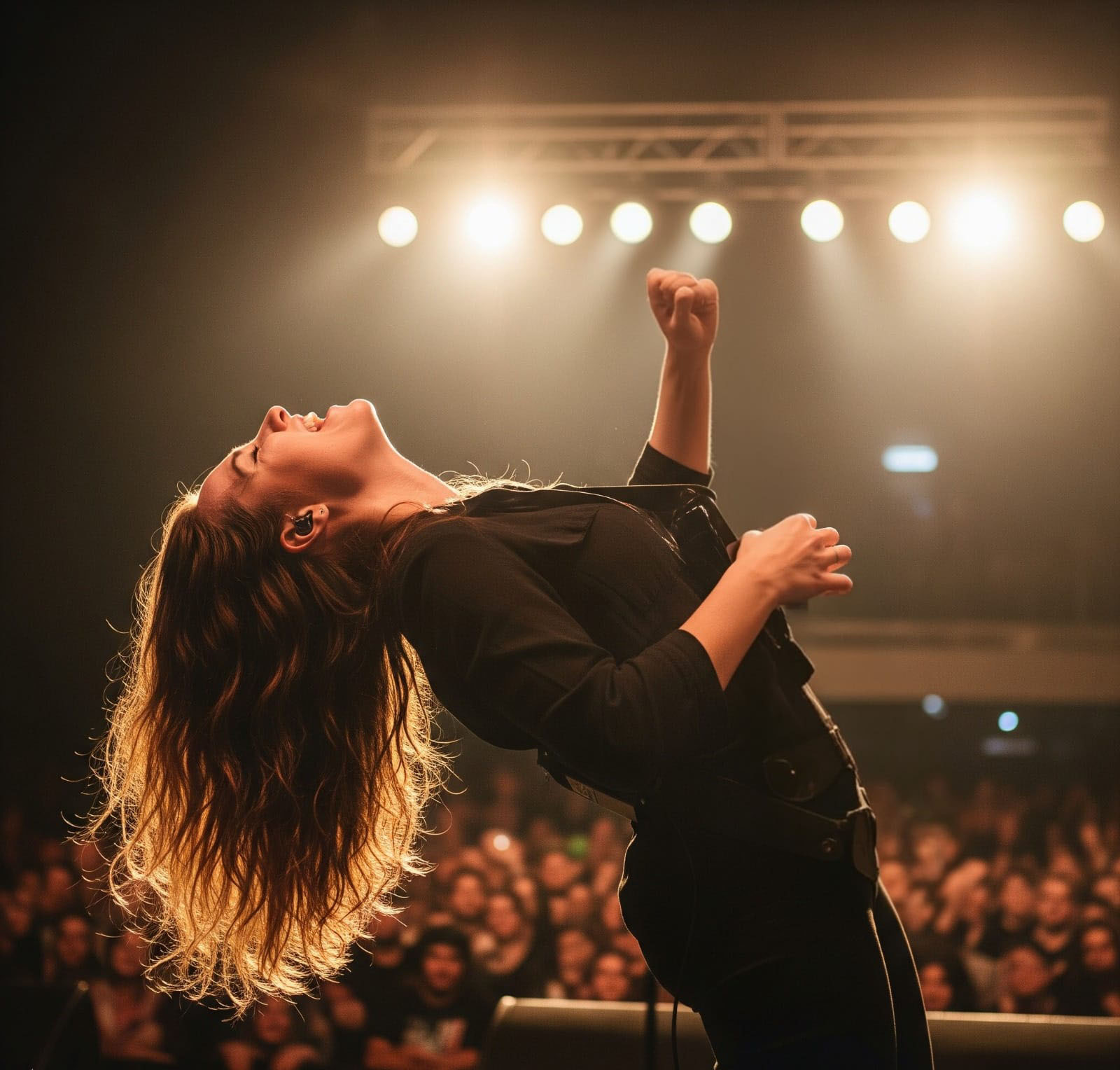 Ein Musiker spielt leidenschaftlich Luftgitarre auf einer Bühne